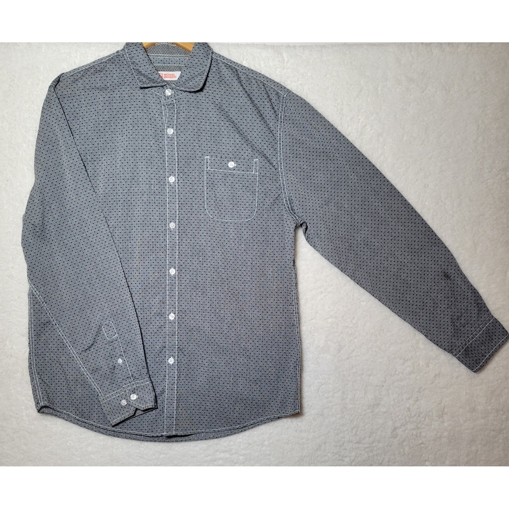 Michael Brandon Long Sleeve‎ Shirt Sz L Polka Dots Mens Black Stain Arm 0053